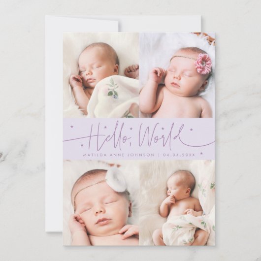 Hallo Wereld Script Lilac Meerdere Foto's Geboorte Aankondiging (Voorkant)