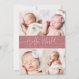 Hallo Wereld Script Roze Multi Foto Geboorte Aankondiging