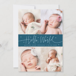 Hallo Wereld Script Teal Meerdere Foto Geboorte Aankondiging