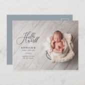 Hallo wereld script tekst foto geboorteaankondigin aankondigingskaart (Voorkant / Achterkant)