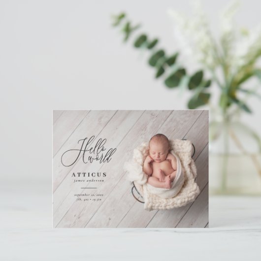 Hallo wereld script tekst foto geboorteaankondigin aankondigingskaart (Staand voorkant)