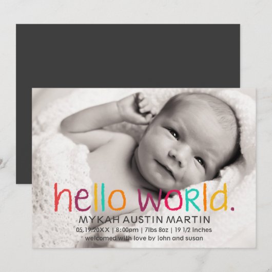 hallo Wereldfoto geboorteaankondiging Aankondiging (Voorkant / Achterkant)