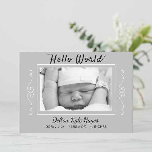 hallo Wereldfoto grijze Baby geboorteaankondiging Aankondiging (Staand voorkant)