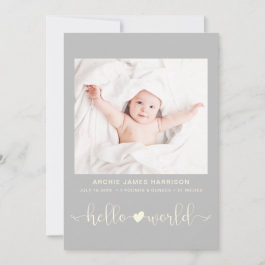 hallo Wereldfotoheart Arrow Yellow Grey Birth Aankondiging (Voorkant)