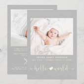 hallo Wereldfotoheart Arrow Yellow Grey Birth Aankondiging (Voorkant / Achterkant)