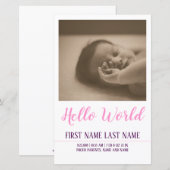 hallo Wereldgeboorteaankondiging met foto (Voorkant / Achterkant)