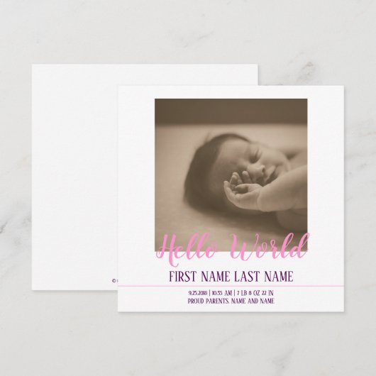 hallo Wereldgeboorteaankondiging met foto (Voorkant / Achterkant)