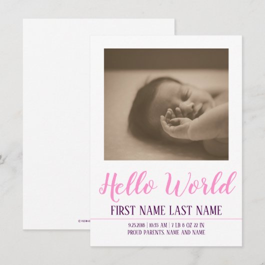 hallo Wereldgeboorteaankondiging met foto (Voorkant / Achterkant)