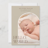 hallo Wereldneutrale Arch Foto geboorteaankondigin Kaart (Voorkant)