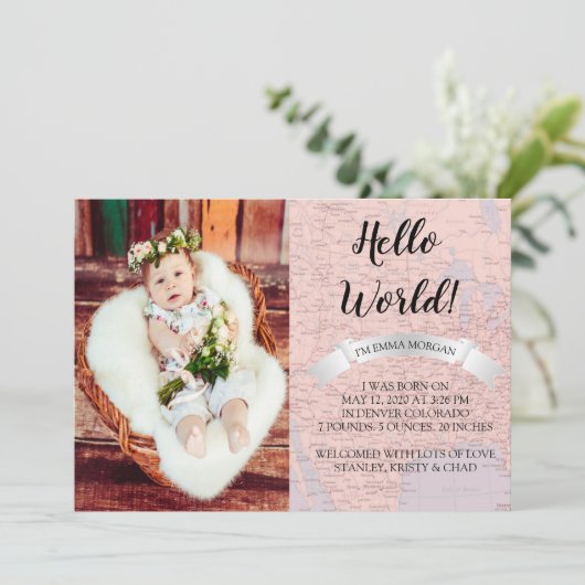 hallo Wereldroze Wereldkaart geboorteaankondiging  Kaart (Staand voorkant)