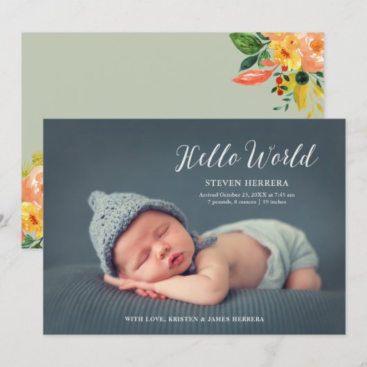 hallo Wereldwijde Bekleding met Floral Decor Baby  Aankondiging (Voorkant / Achterkant)
