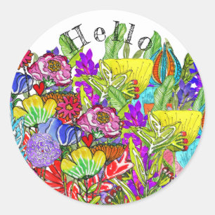 Hallo Whimsical en Kleurrijk Bloemassortiment Ronde Sticker