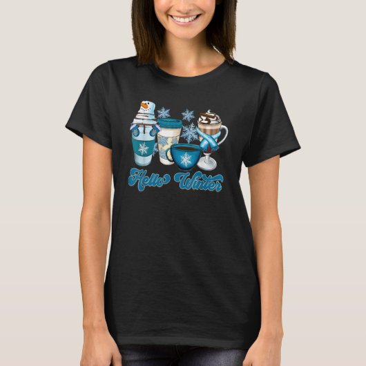 hallo Winter Coffee Cups Snowman Winter Season T-shirt (Voorkant)