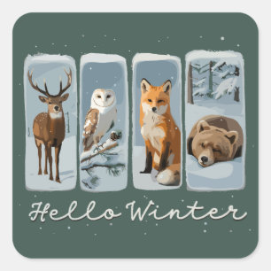 Hallo Winter Dieren Hert Uil Vos Beer Knus Seizoen Vierkante Sticker