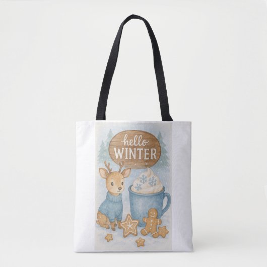Hallo Winter.Gezellig rendier, warme cacao, peperk Tote Bag (Voorkant)