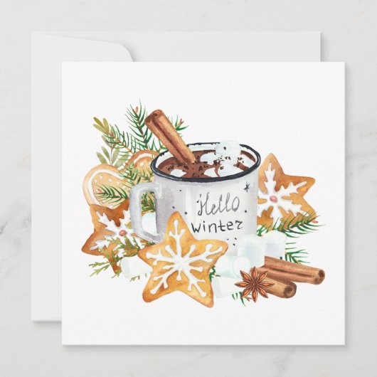 Hallo Winter Heet Chocolade Mok met Koekjes Kaart (Voorkant)