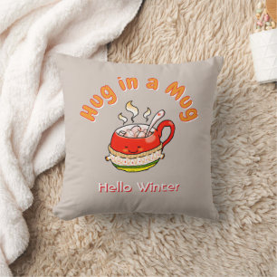 Hallo Winter Knuffel in een Mok Cozy Kawaii Illust Kussen