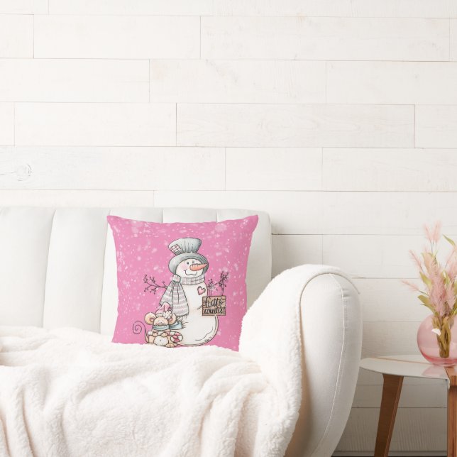 Hallo Winter Roze Sneeuwman en Muis Kerstmis Kussen (Bank)