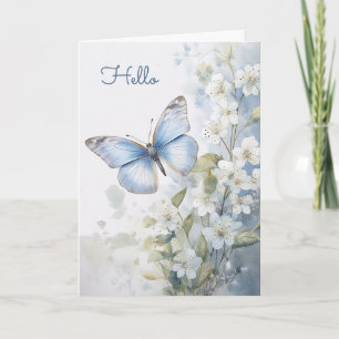  Hallo witte bloemen en blauwe vlinder Kaart