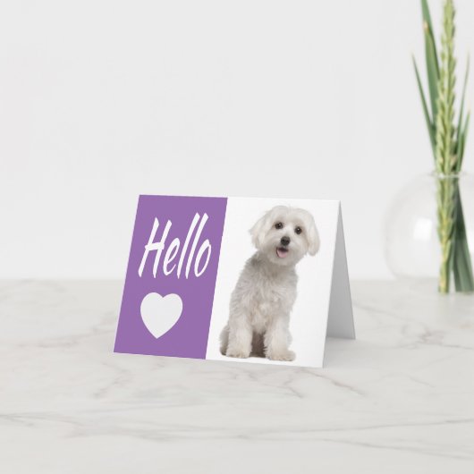 Hallo Witte Maltese Puppy Dog Paarse Hart Notecar Kaart (Voorkant)