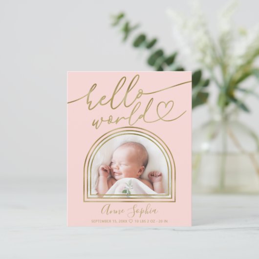 hallo World Arch Lijst Budget Geboorteaankondiging (Staand voorkant)