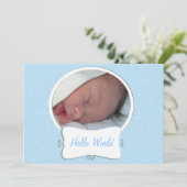 Hallo World Blue Foto Geboorte Aankondiging (Staand voorkant)