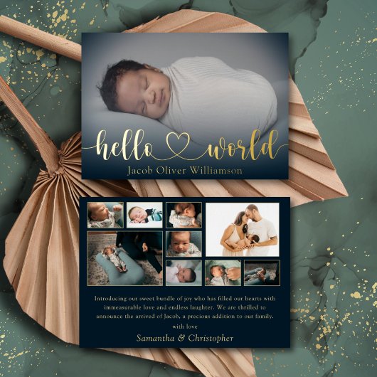Hallo World Gold Fotocollage Baby Aankondiging