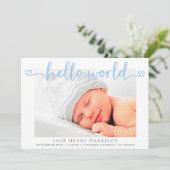 hallo World Hearts Foto's Blue Baby Boy Birth Aankondiging (Staand voorkant)