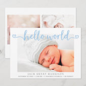 hallo World Hearts Foto's Blue Baby Boy Birth Aankondiging (Voorkant / Achterkant)