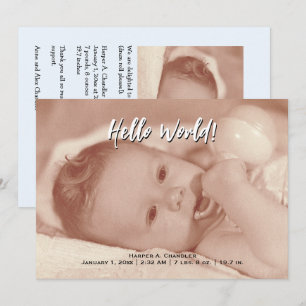 hallo World Jouw tekst and Baby Photo Blue Sjabloo Aankondiging