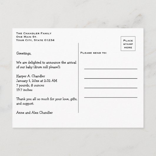 hallo World Jouw tekst and Baby Photo Template Aankondigingskaart (Achterkant)