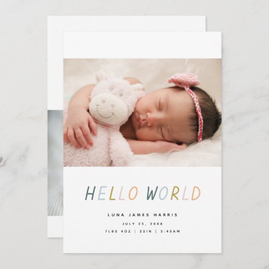 hallo World New Baby Announding Kaart (Voorkant / Achterkant)