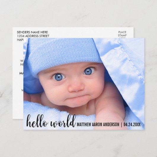 hallo World New Baby Modern kondiging Aankondigingskaart (Voorkant / Achterkant)