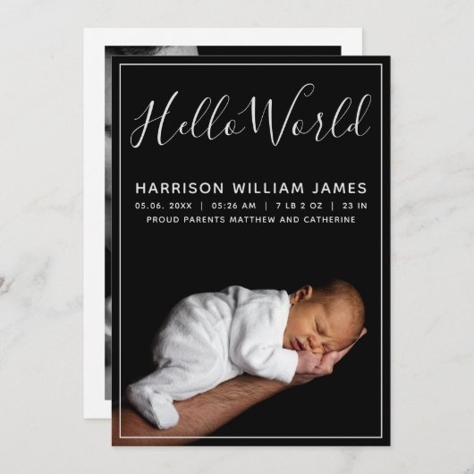hallo World Photo Baby Birth Aankondiging (Voorkant / Achterkant)