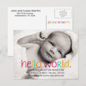 hallo World Photo Birth Announcement Briefkaart (Voorkant / Achterkant)