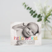 hallo World Photo Birth Announcement Briefkaart (Staand voorkant)