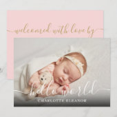 hallo World Photo Elegant Script Girl Birth Aankondiging (Voorkant / Achterkant)