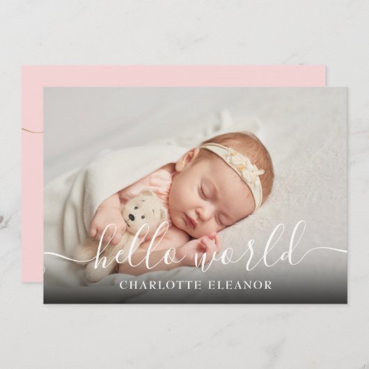 hallo World Photo Elegant Script Girl Birth Aankondiging (Voorkant / Achterkant)