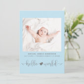 hallo World Photo Heart Blue Grey Baby Birth Aankondiging (Staand voorkant)