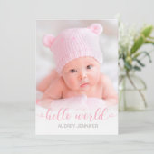 hallo World Pink Script Foto Baby Girl Birth Aankondiging (Staand voorkant)