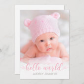 hallo World Pink Script Foto Baby Girl Birth Aankondiging (Voorkant / Achterkant)