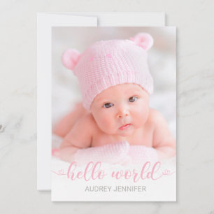 hallo World Pink Script Foto Baby Girl Birth Aankondiging