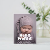 hallo World Playful Bold Photo Birth Announance Aankondigingskaart (Staand voorkant)