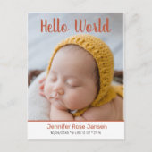 hallo World Script Pumpkin Foto Birth Announcemen Aankondigingskaart (Voorkant)