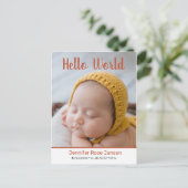 hallo World Script Pumpkin Foto Birth Announcemen Aankondigingskaart (Staand voorkant)