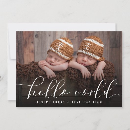 hallo World Stylish Calligraphy Twin Photo Collage Aankondiging (Voorkant)