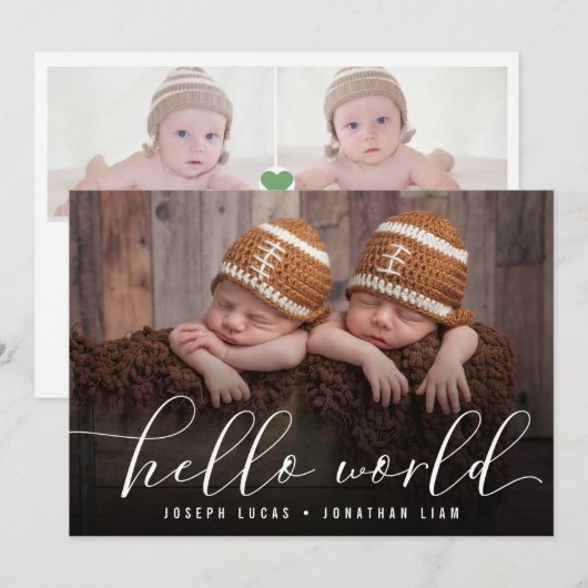 hallo World Stylish Calligraphy Twin Photo Collage Aankondiging (Voorkant / Achterkant)