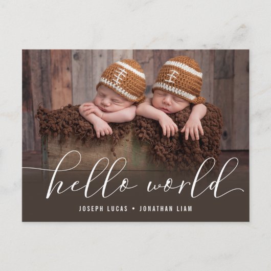 hallo World Twins Photo Birth Aankondigingskaart (Voorkant)