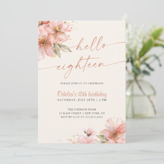 Hallo Zacht roze Floral? Achttien 18e verjaardag Kaart (Staand voorkant)