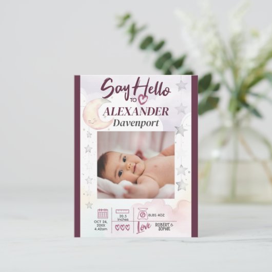 Hallo Zeg maar tegen New Baby. Bewerkbare tekst &  Briefkaart (Staand voorkant)